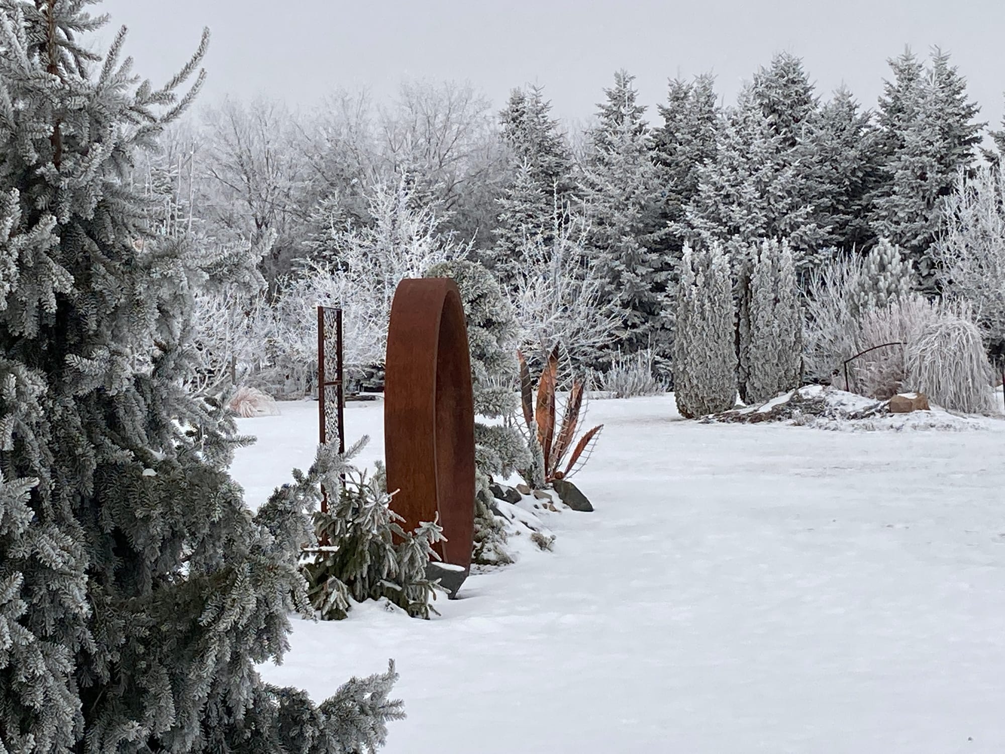 A Narrow Landscape Bed Including Metal Garden Art and Unique Plants